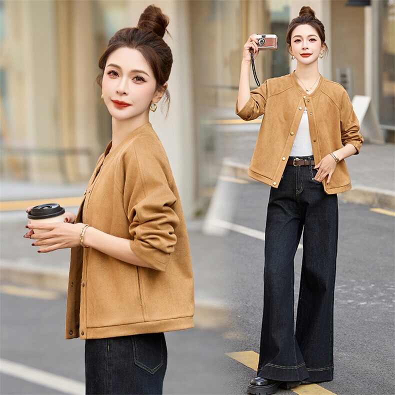 早春时尚鹿皮绒外套女短款2025新款百搭小个子休闲棒球服夹克上衣，女装短外套，今喜