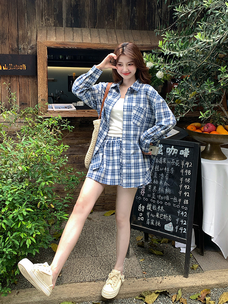 2025新款夏季蓝色格子防晒开衫外套短裙套装女轻薄宽松衬衫两件套,女装套装/套裙,浙宝276（原081）