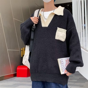 新款上衣学生撞色POLO领宽松慵懒风网红长袖毛衣男Y05-P40图片