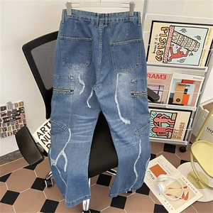 美式复古水洗解构工装牛仔裤潮牌宽松口袋设计微喇裤图片