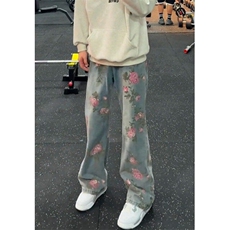 玫瑰提花牛仔裤男春秋设计感花卉印花裤子直筒微喇裤NK66，男装牛仔裤，星座1116A（原606A-3）