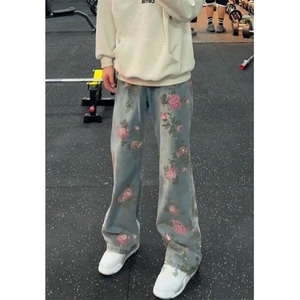 玫瑰提花牛仔裤男春秋设计感花卉印花裤子直筒微喇裤 NK66图片