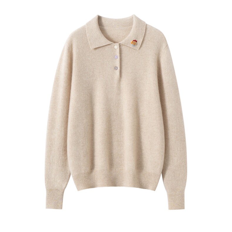 2025年秋季时尚百搭通勤简约休闲领口绣花polo领，女装羊绒衫，万品羊绒