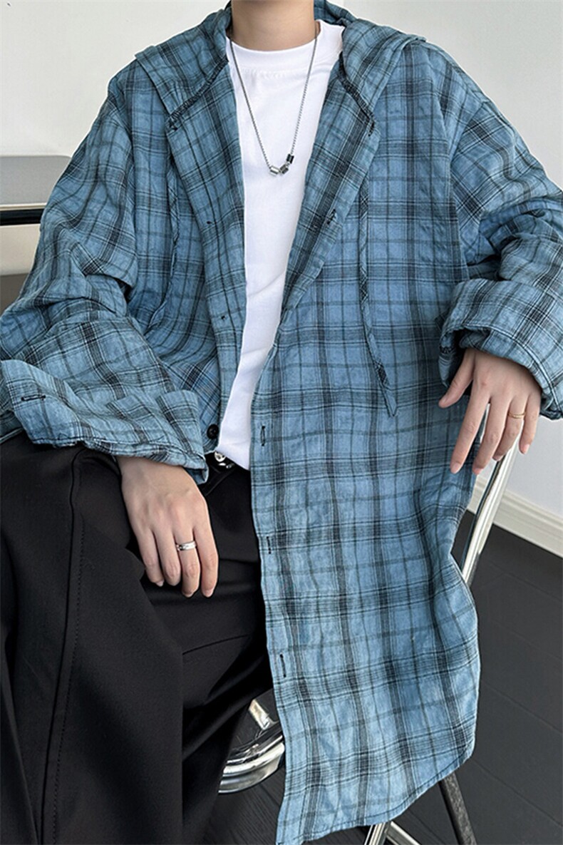 廓形防晒衬衫男夏季长袖冰丝薄款亚麻格子衬衣开衫外套CS29006P50,男装衬衫,电商B312