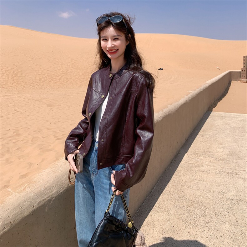 韩系复古皮衣外套女2025秋季新款小个子红棕色设计感百搭皮夹克图片