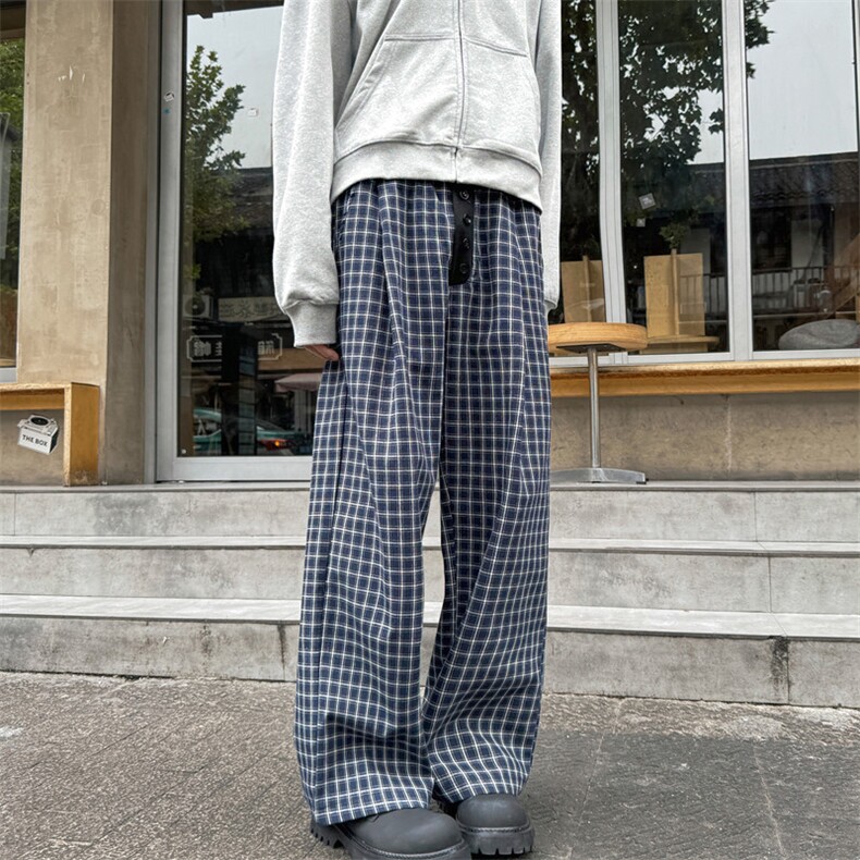 韩版休闲裤男女格子撞色高街帅气阔腿裤2024秋冬ins长裤K5816-49,男装休闲裤,星座412-2