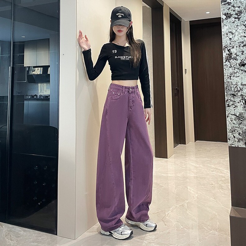 葡萄紫窄版阔腿牛仔裤女夏季2025新款高腰显瘦宽松直筒加长弯刀裤，女装牛仔裤，星座218-8