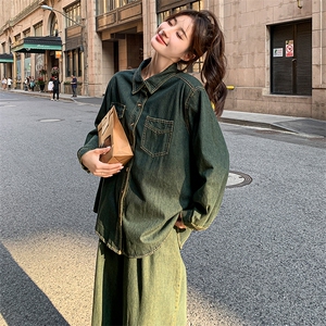 洋气港风牛仔套装女2025春秋新款流行爆款炸街衬衫阔腿裤两件套图片