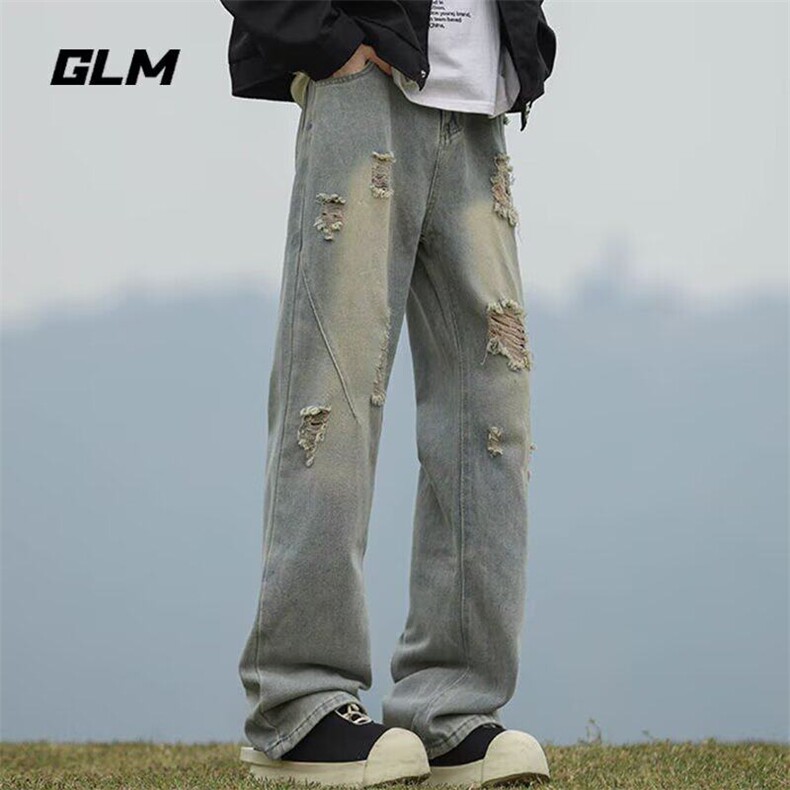 复古破洞牛仔裤男春秋季薄款高街裤子高腰提裆直筒裤潮NT25，男装牛仔裤，星座1116A-1（原606A）