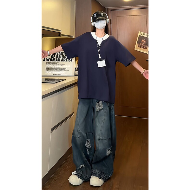 wassuphappy假两件短袖t恤男夏季薄款小领口宽松半截袖休闲上衣,男装T恤,电商A102B