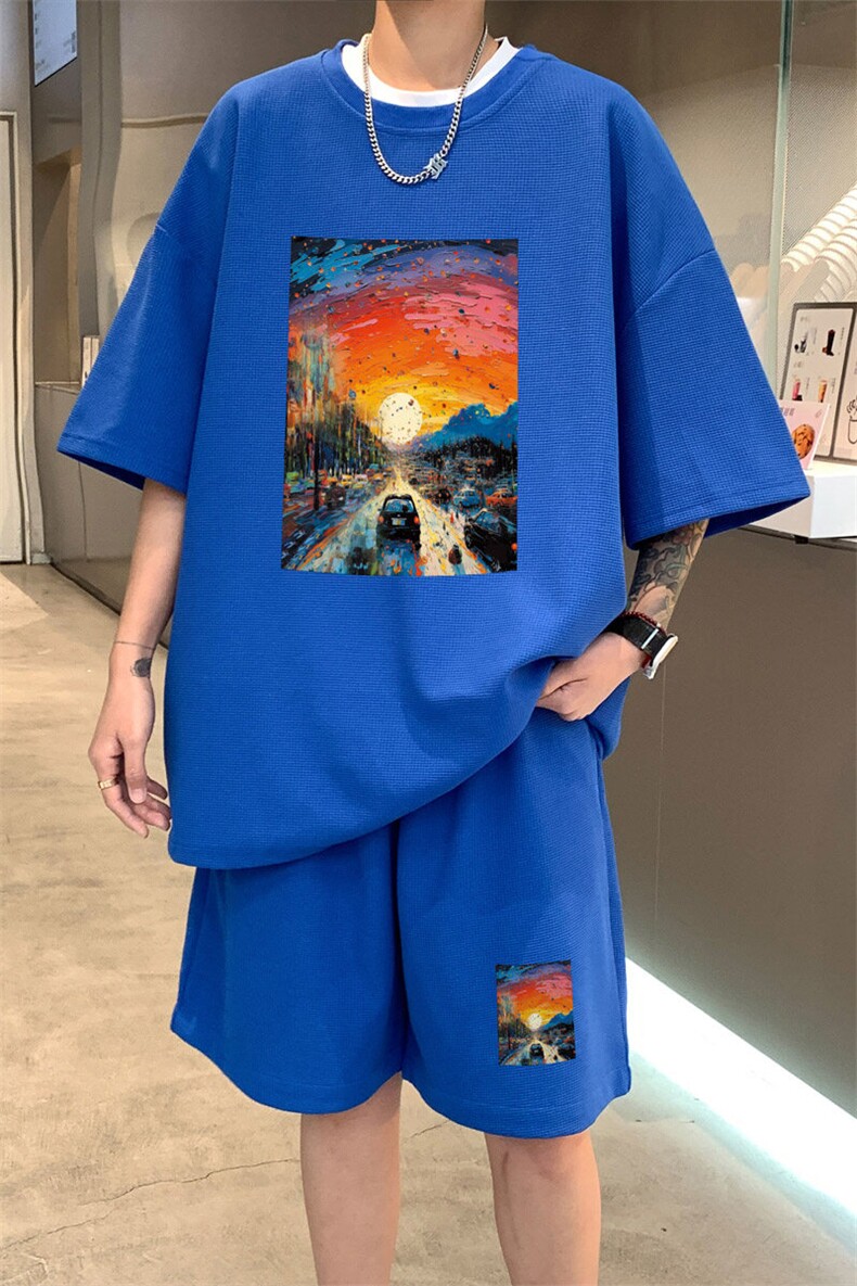 ！2025夏季新款男士华夫格短袖套装潮流学生一套HTZ93P50,男装T恤,电商B220