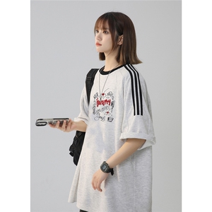 2025夏季新款创意印花图案条纹学院风短袖T恤T1048/P35控48-100棉图片