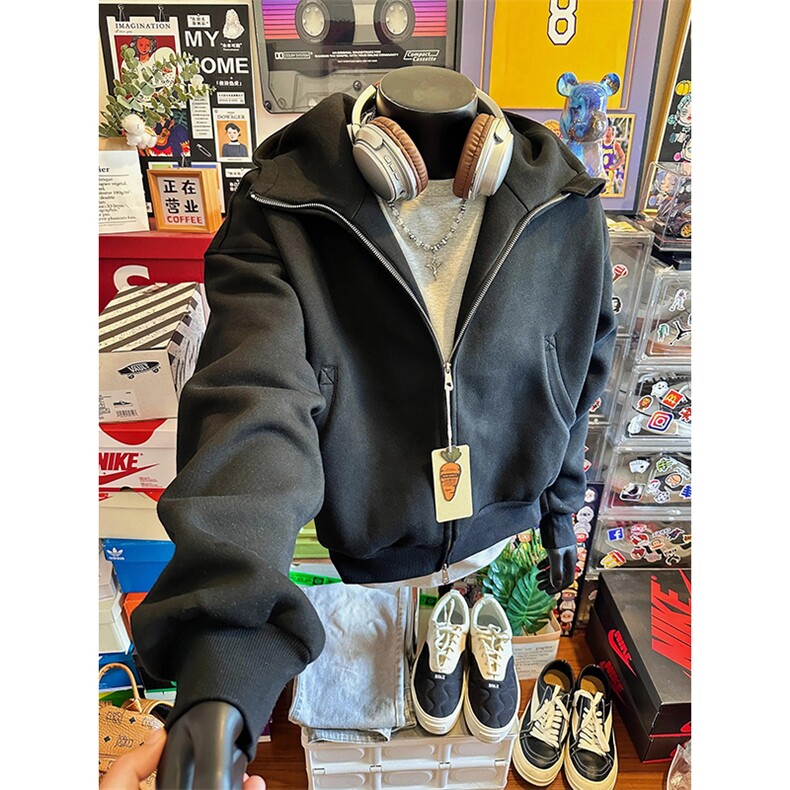 抖音得物高品质 26春装美式高街重磅宽松结构高领连帽卫衣外套W60图片