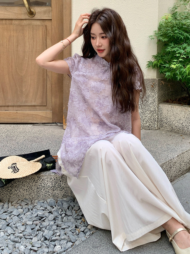 88088新中式国风套装气质复古立领盘扣上衣休闲阔腿裤两件套夏季,女装套装/套裙,浙宝305