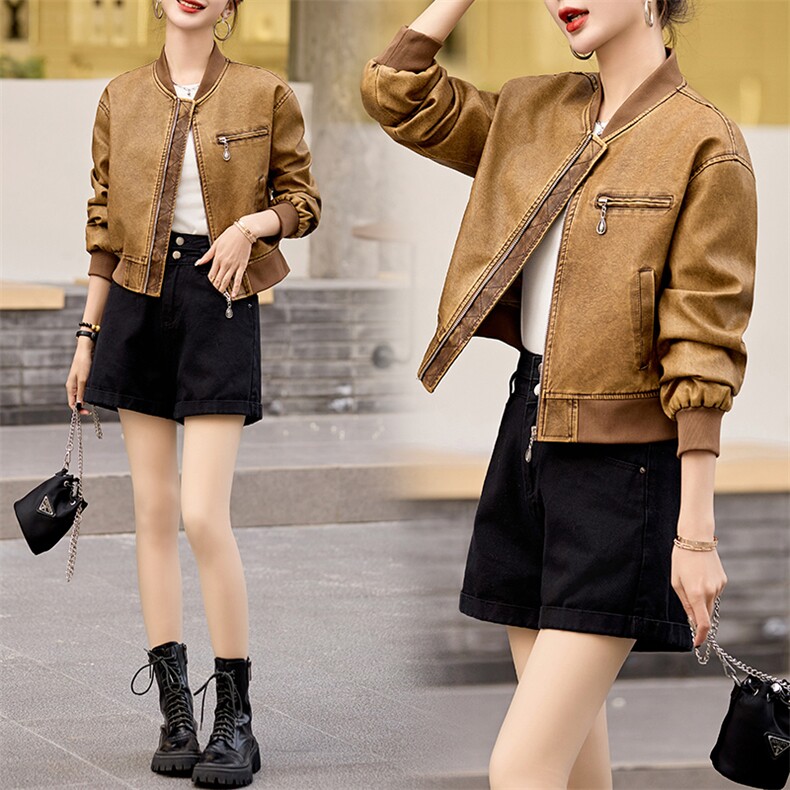 现货时髦做旧复古PU皮衣夹克外套女小个子2024新款短款立领机车服,女装皮衣,江南女神