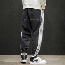 2021春秋季新日系大码男束脚印花撞色拼接九分破洞牛仔裤N8105-P50，男装牛仔裤，电商A001