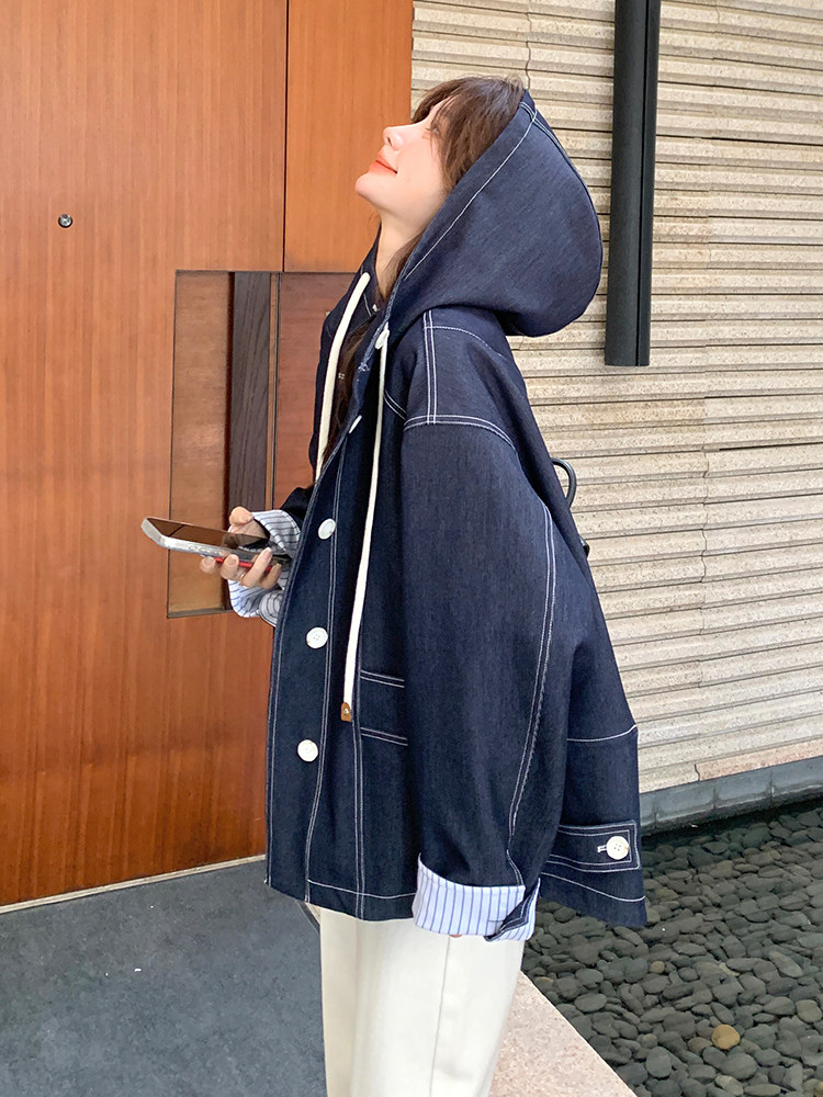 条纹拼接风衣式连帽牛仔外套女春秋2025新款超火流行超好看小个子,女装风衣,浙宝285（原212）