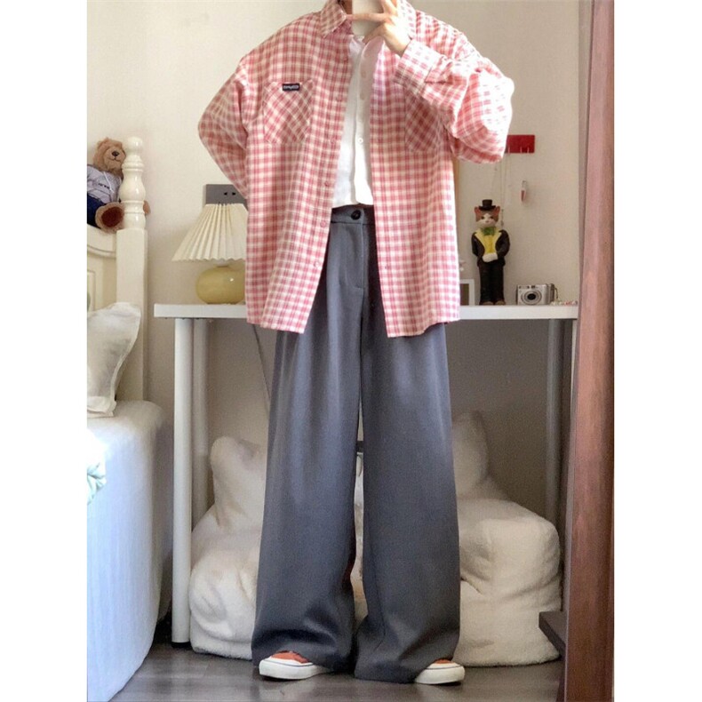 TC1339-P45森系小众格纹衬衫女叠穿内搭ins宽松遮肉显瘦长袖衬衣,男装衬衫,星座617A-2