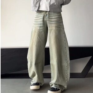美式复古做旧脏染弯刀牛仔裤2025年春新款街头宽松阔腿长裤