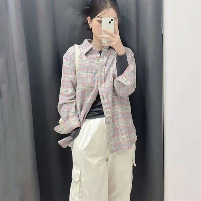 美拉德复古格子撞色长袖衬衫女2025棉早春新款设计感小众宽松外套，男装衬衫，星座506A