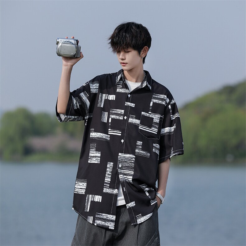 C01-P30M-7XL夏季新款大码潮牌印花短袖衬衫衬衣控58,男装T恤,星座109