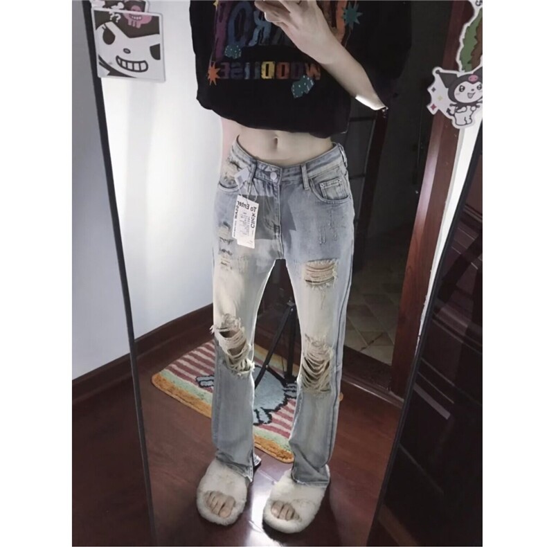 美式破洞牛仔裤女新款夏季高腰修身裤子高街开叉直筒WLG8802-P45,男装牛仔裤,星座1008
