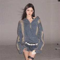 2057-P68微瑕美式春秋季复古慵懒风半拉链牛仔时尚套头上衣，男装T恤，电商B323A