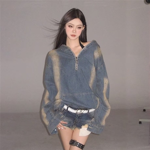 2057-P68 微瑕美式春秋季复古慵懒风半拉链牛仔时尚套头上衣图片
