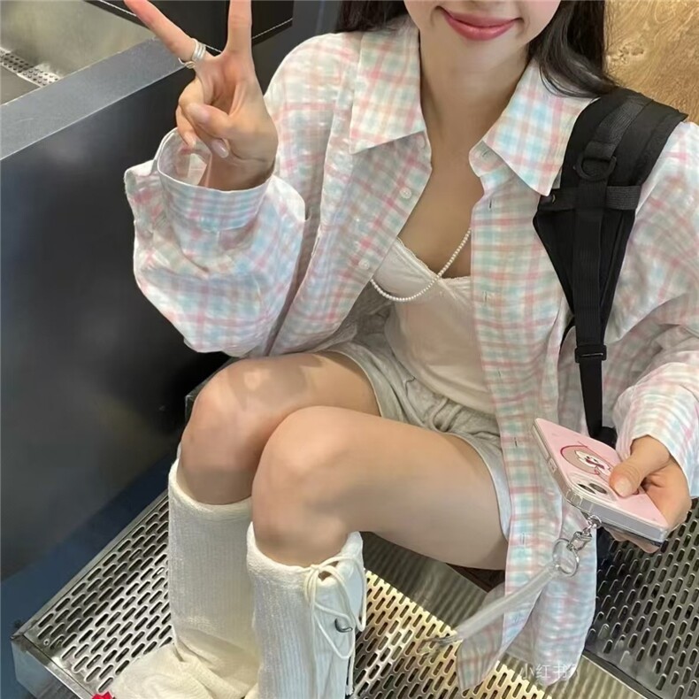 格子防晒衬衫外套女春秋新款法式上衣设计感小众宽松衬衣夏季图片