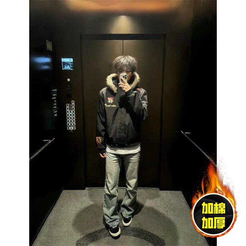 现货高品质美式高街重磅刺绣座山雕大毛毛领棉衣男女加厚棉服外套，男装棉衣，电商A486-1