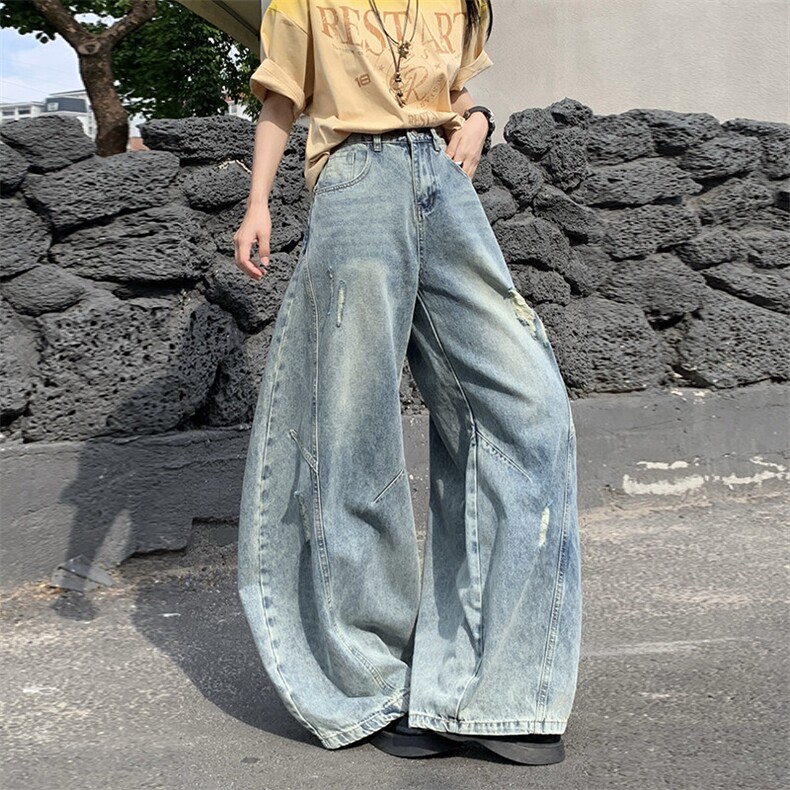 复古破洞廓形弯刀牛仔裤男女夏季新款廓形宽松阔腿裤YD9007-P75,男装牛仔裤,星座509