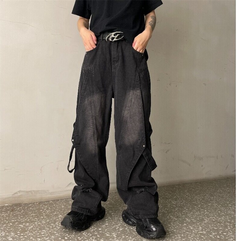 妈个鸡妈MGJM拼接美式绑带复古阔腿破洞牛仔裤男女宽松裤子潮,男装牛仔裤,星座601-1