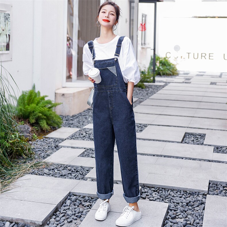 夏季新款时尚简约宽松气质女装牛仔直通背带裤百搭,女装休闲裤,微微衣阁