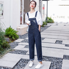 夏季新款时尚简约宽松气质女装牛仔直通背带裤百搭，女装休闲裤，微微衣阁