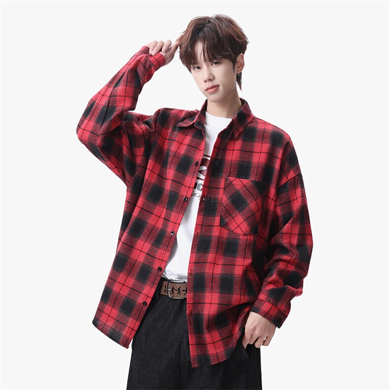 衬衫男秋季新款港风宽松大码磨毛格子长袖衬衣CS6638-特P29，男装衬衫，星座214-3