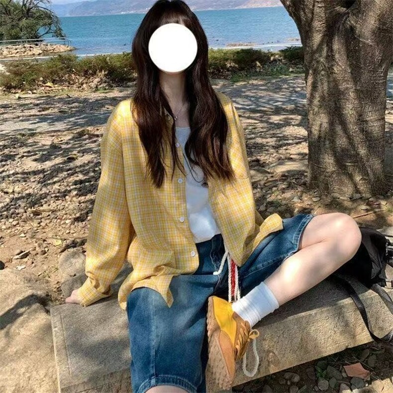 黄色格纹衬衫女复古慵懒风2025夏季韩系宽松休闲上衣长袖防晒外套,男装防晒衣,星座506A