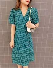 【夏季新款】V领斜扣仿连衣裙，女装连衣裙，梦中秋月