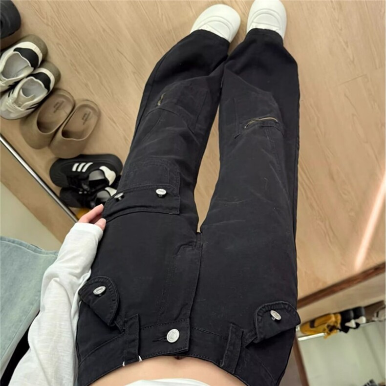 美式街头黑色显瘦拉链工装牛仔裤女春秋高腰直筒宽松百搭微喇长裤图片