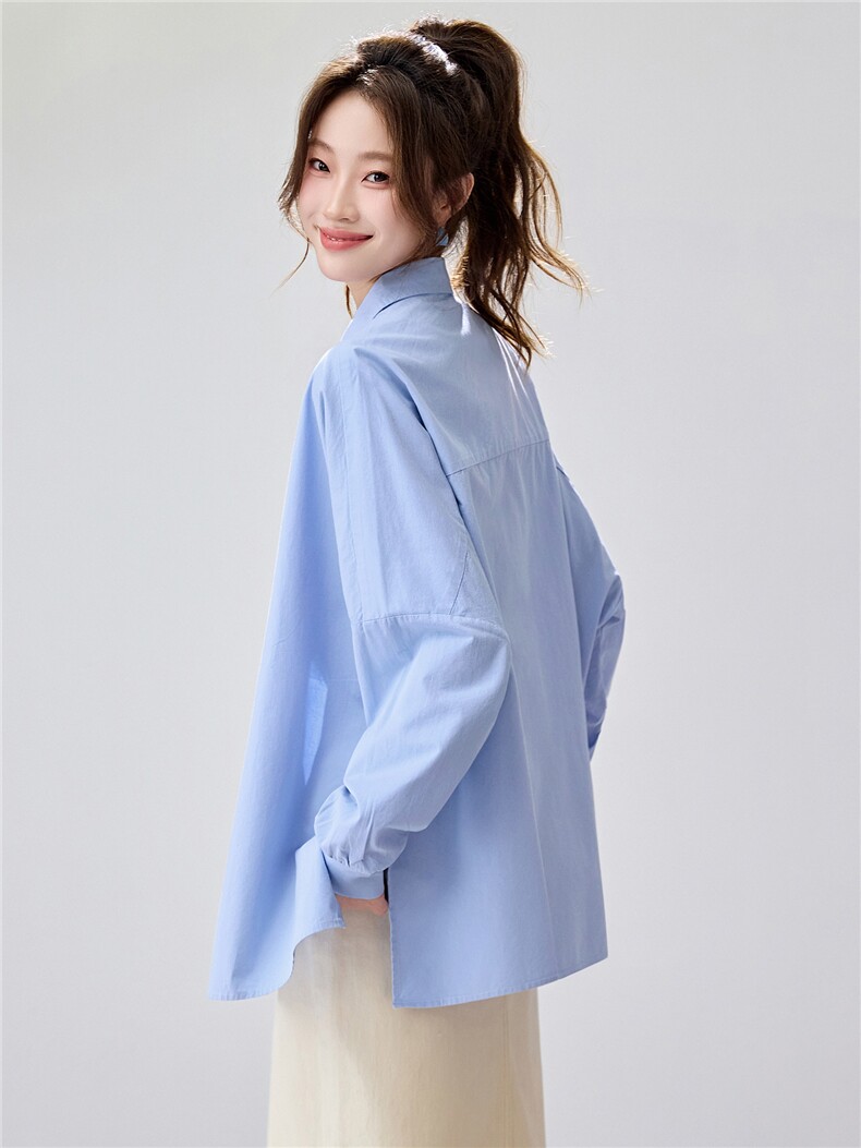 2026春夏新款蓝衬衫女学院风宽松慵懒风叠穿衬衣通勤百搭清新减龄,女装衬衫,艾米