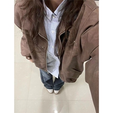 美式复古棕色翻领外套女春秋款仿麂皮绒情侣夹克上衣FJK224，男装夹克，星座208-5