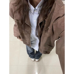 美式复古棕色翻领外套女春秋款仿麂皮绒情侣夹克上衣FJK224图片