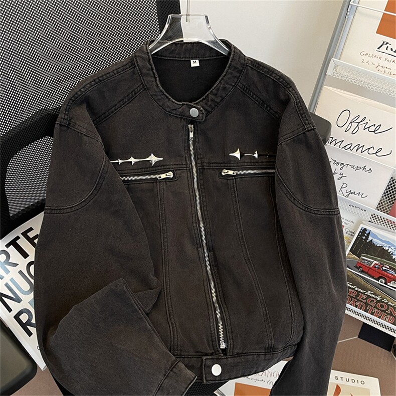 牛仔外套男痞帅发型师潮男装垫肩立领牛仔衣夹克衣JK1224-P78有货，男装工装外套，星座302B-2