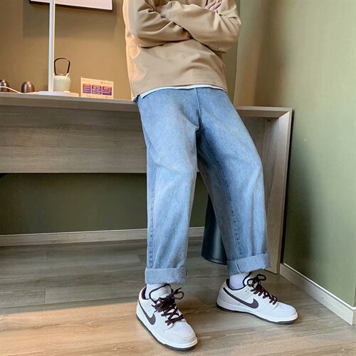 直筒裤男宽松港风牛仔裤潮牌嘻哈网红韩版潮流拼接阔腿kz89-p38图片