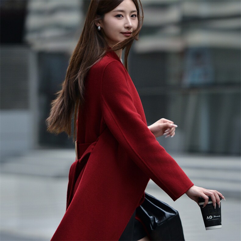 2024秋冬季新款呢子大衣女中长款韩版宽松斗篷型,女装双面呢大衣,亿美羊绒
