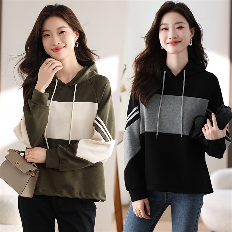 2025秋装韩版学院风条纹拼接卫衣女春秋小个子运动上衣，女装卫衣/绒衫，星宇服饰