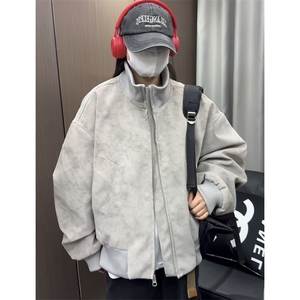 短款扎染脏脏美式复古立领PU皮夹克上衣男女同款外套JK918-特P65图片