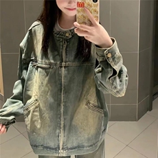 复古蓝色立领长袖牛仔外套女春季美式宽松夹克设计感气质拉链上衣，男装夹克，星座506A