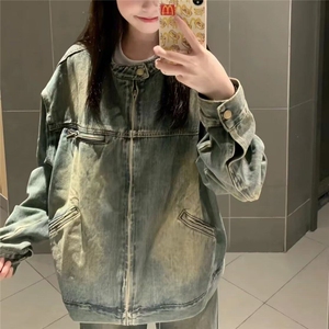 复古蓝色立领长袖牛仔外套女春季美式宽松夹克设计感气质拉链上衣图片