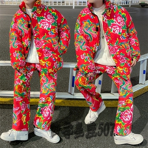 H203大花棉袄加绒裤套装新中式汉服男女表演出保暖防寒棉衣棉服潮,加绒裤男搭配图片