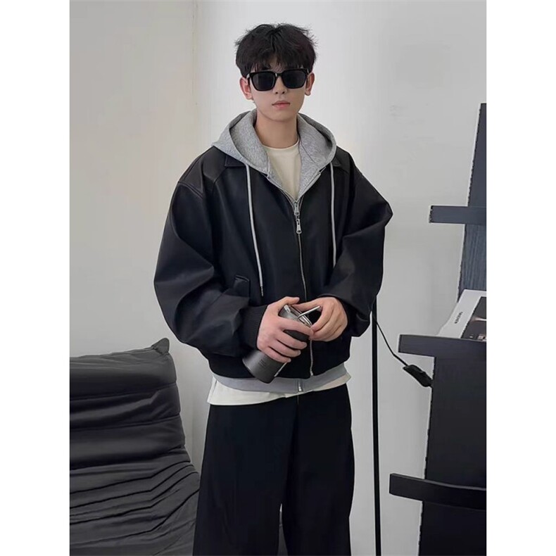 MA620-P98假两件美式连帽皮衣外套机车夹克短款皮衣网图,男装皮衣,星座1611A